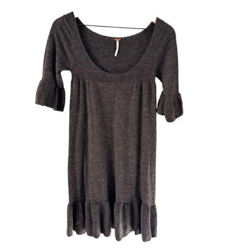 Free People Grey Wool Scoop Baby Doll Short Sleeve Boho Sweater Dress Size S